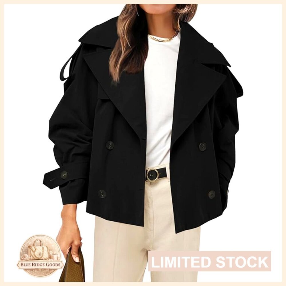 Cropped Trench Coat Double Breasted Windproof Jacket Vintage Casual Fall